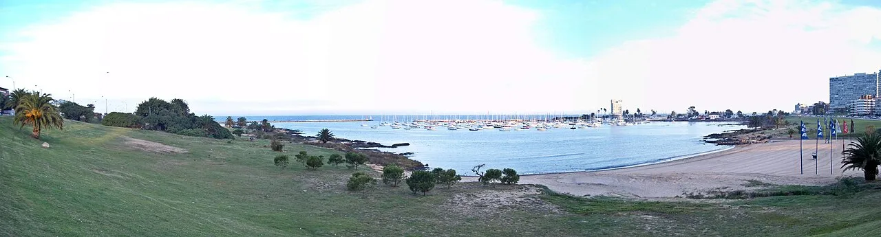 Vista panorámica del Puerto del Buceo con el puerto deportivo, la playa y las torres del entorno del World Trade Center al fondo