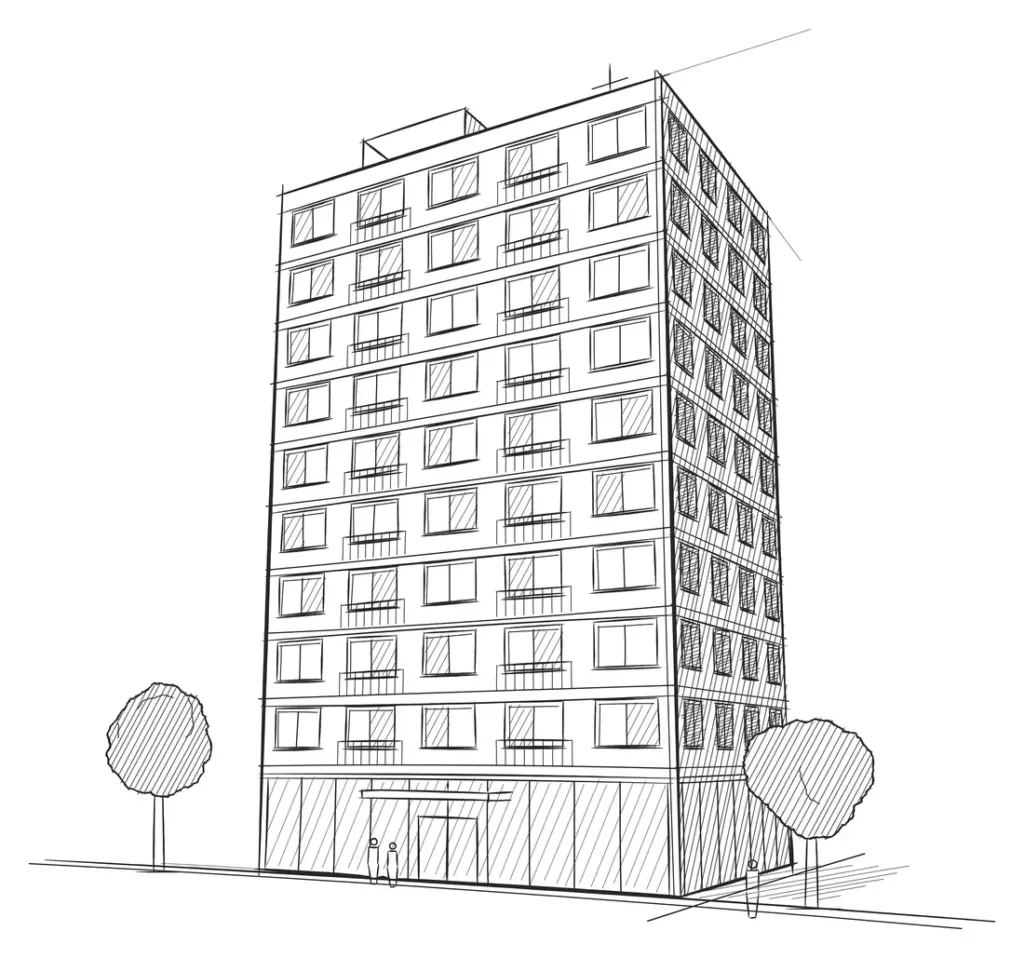 Ilustración de un edificio residencial de diez pisos